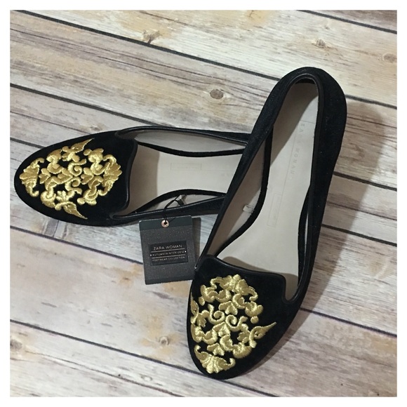Zara Shoes - NWT Zara Woman Black Velvet Embroidered Loafers